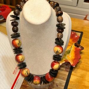 Wooden Beaded Necklace - Red and Brown